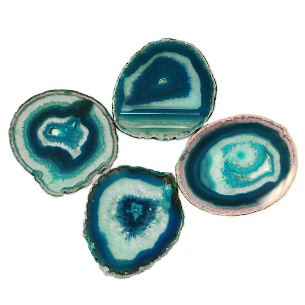 Natural Sliced Agate Coasters Set with Free Rubber Bumper 3-4” CXD-GEM Dyed Blue Large Stone Drink Coasters - Handmade Drink Mat for Home Decor 